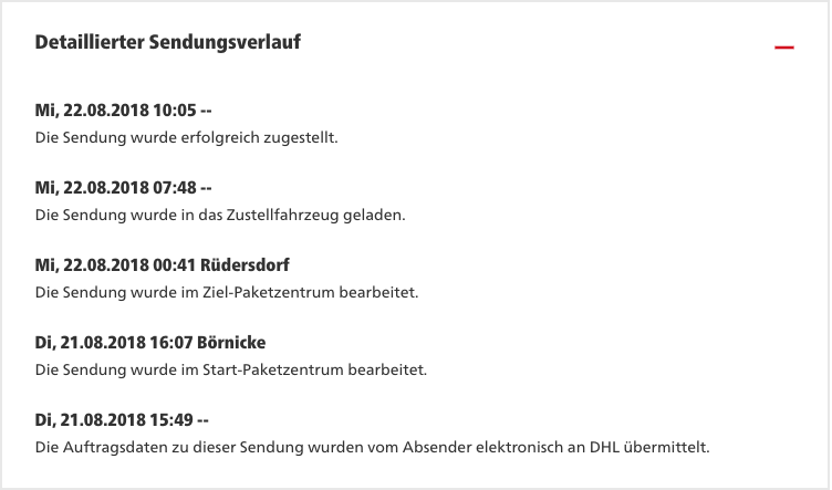 Der detaillierte Verlauf eines Pakets über die DHL Webseite